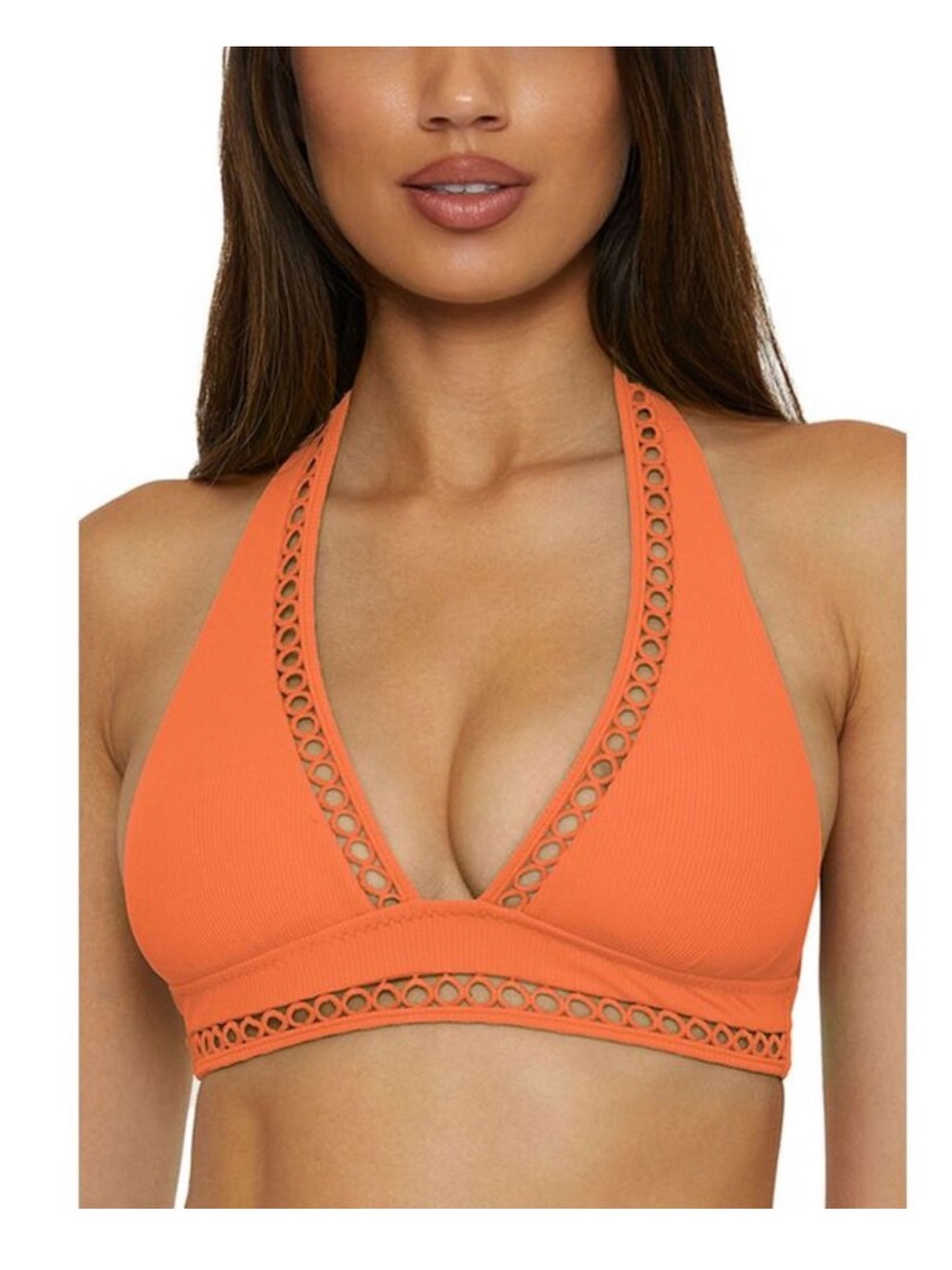 BECCA Orange Ribbed Halter Bikini Top with Eyelet Trim